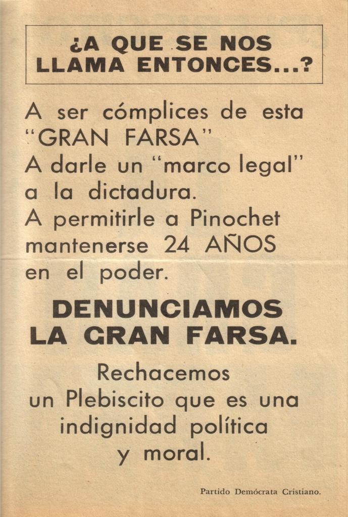 Panfleto que denuncia la farsa del plebiscito de 1980.